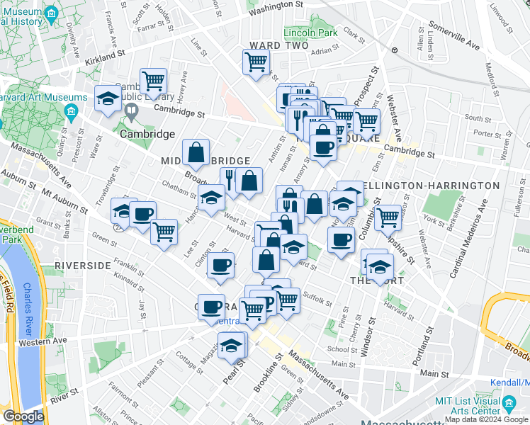 map of restaurants, bars, coffee shops, grocery stores, and more near 345 Broadway in Cambridge