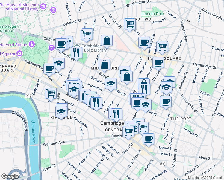 map of restaurants, bars, coffee shops, grocery stores, and more near 3 Hancock Park in Cambridge