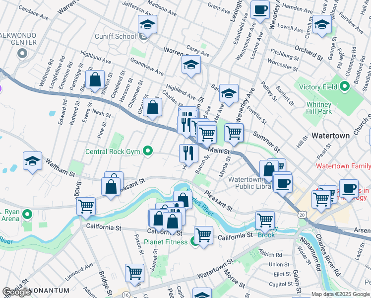 map of restaurants, bars, coffee shops, grocery stores, and more near 12 Oakland Street in Watertown