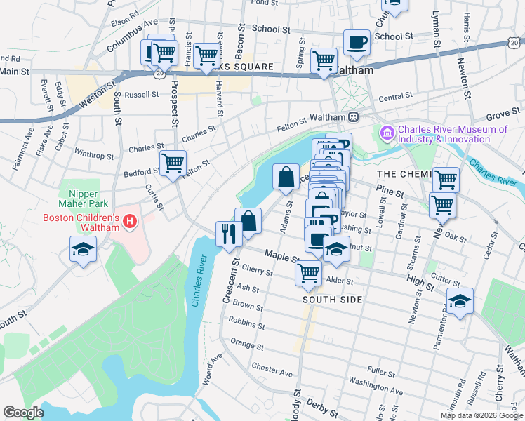 map of restaurants, bars, coffee shops, grocery stores, and more near 99 Crescent Street in Waltham
