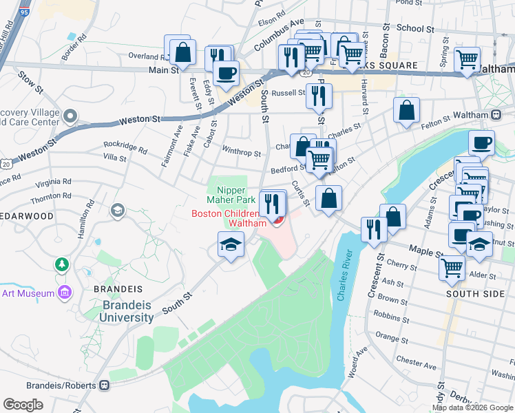 map of restaurants, bars, coffee shops, grocery stores, and more near 158 South Street in Waltham