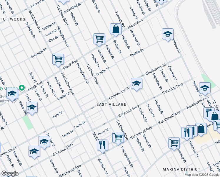 map of restaurants, bars, coffee shops, grocery stores, and more near 3005 Hurlbut Street in Detroit