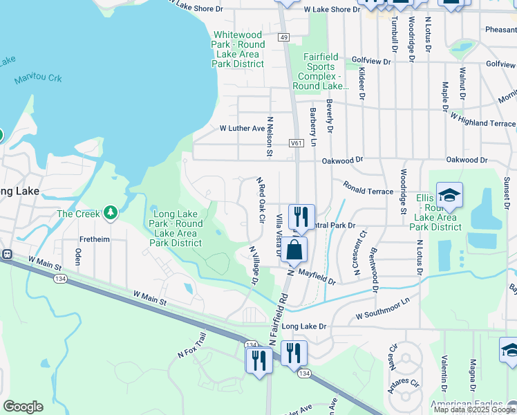 map of restaurants, bars, coffee shops, grocery stores, and more near 1324 North Red Oak Circle in Round Lake Beach