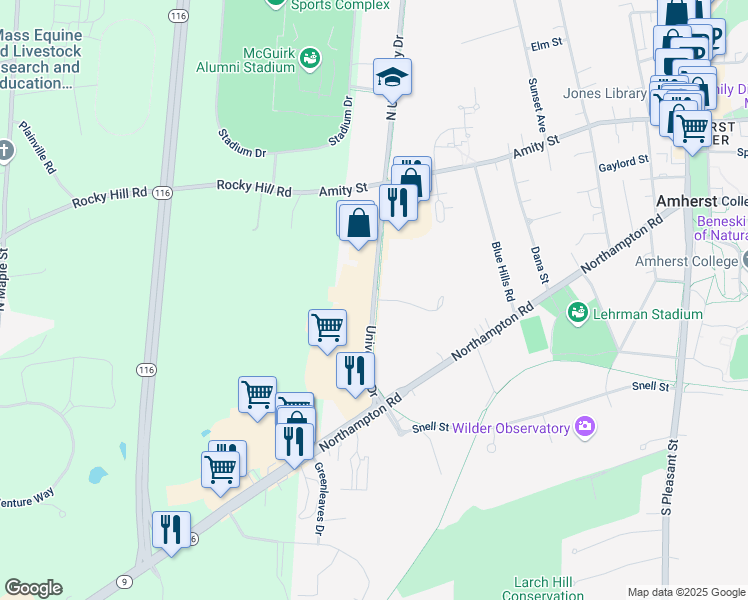 map of restaurants, bars, coffee shops, grocery stores, and more near University Drive in Amherst