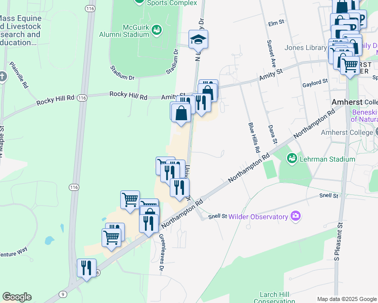 map of restaurants, bars, coffee shops, grocery stores, and more near University Drive in Amherst