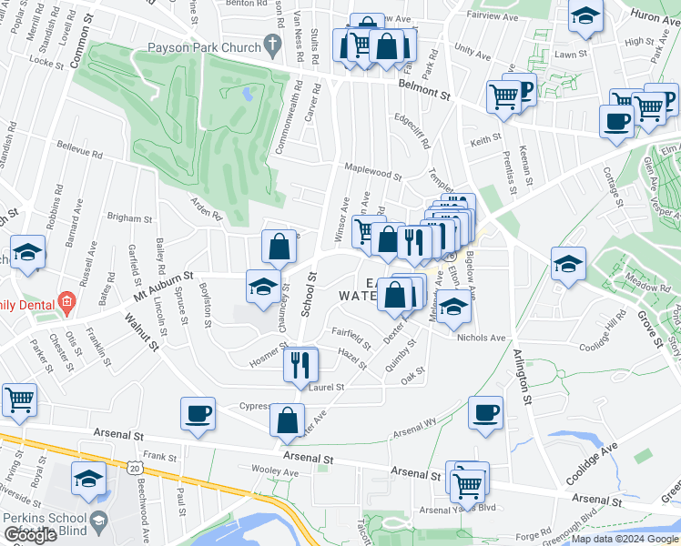 map of restaurants, bars, coffee shops, grocery stores, and more near 15 Porter Street in Watertown