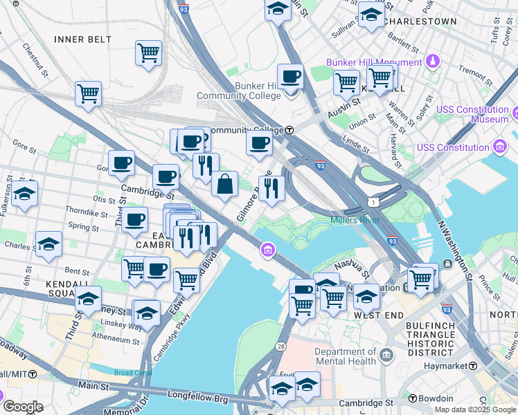 map of restaurants, bars, coffee shops, grocery stores, and more near 10 Museum Way in Cambridge