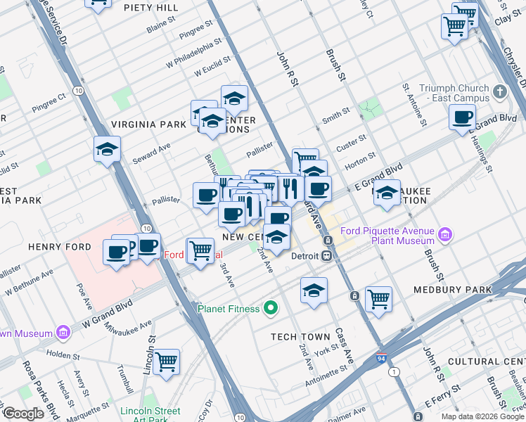 map of restaurants, bars, coffee shops, grocery stores, and more near 3031 West Grand Boulevard in Detroit