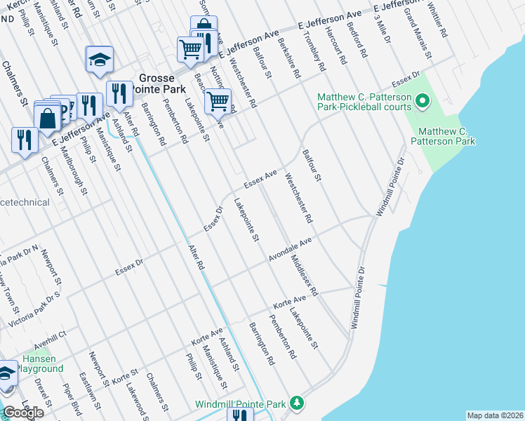 map of restaurants, bars, coffee shops, grocery stores, and more near 766 Middlesex Road in Grosse Pointe Park