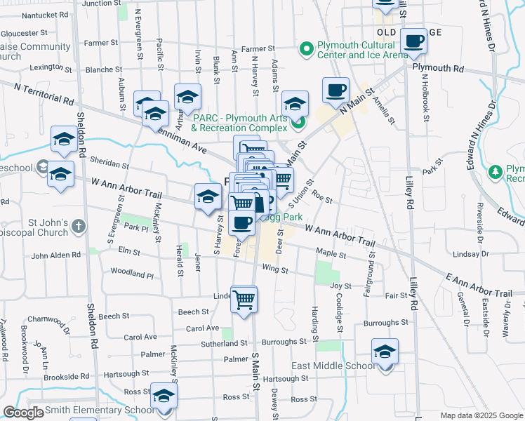 map of restaurants, bars, coffee shops, grocery stores, and more near 318 South Main Street in Plymouth