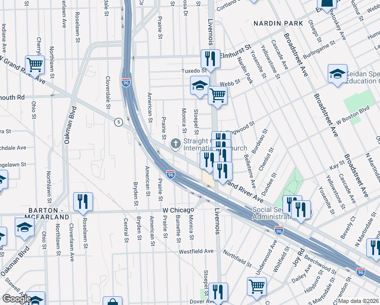 map of restaurants, bars, coffee shops, grocery stores, and more near 9975 Stoepel Street in Detroit