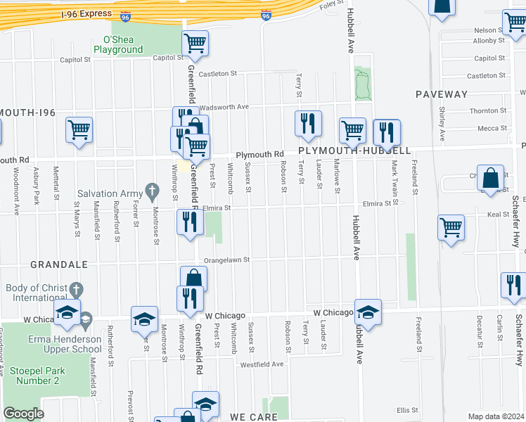map of restaurants, bars, coffee shops, grocery stores, and more near 10055 Coyle Street in Detroit