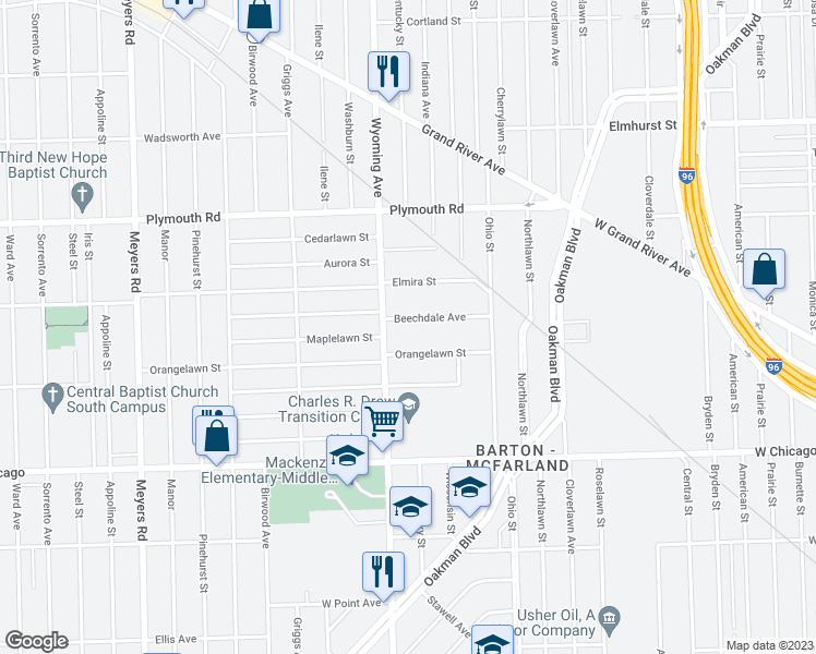 map of restaurants, bars, coffee shops, grocery stores, and more near 8661 Beechdale Avenue in Detroit
