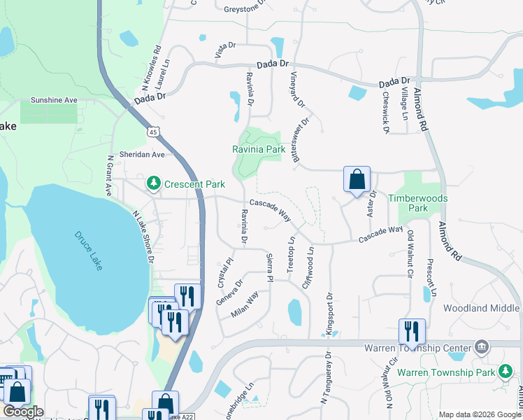 map of restaurants, bars, coffee shops, grocery stores, and more near 7722 Cascade Way in Gurnee