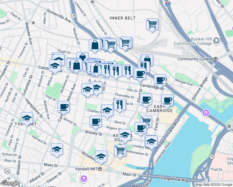 map of restaurants, bars, coffee shops, grocery stores, and more near 79 5th Street in Cambridge