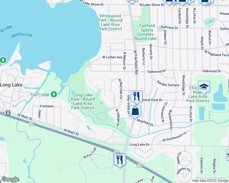 map of restaurants, bars, coffee shops, grocery stores, and more near 1324 North Red Oak Circle in Round Lake Beach