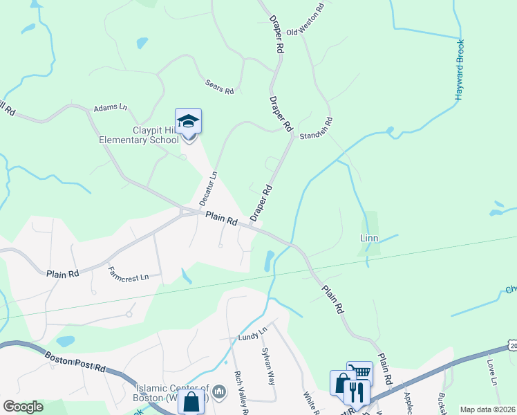 map of restaurants, bars, coffee shops, grocery stores, and more near 10 Draper Road in Wayland