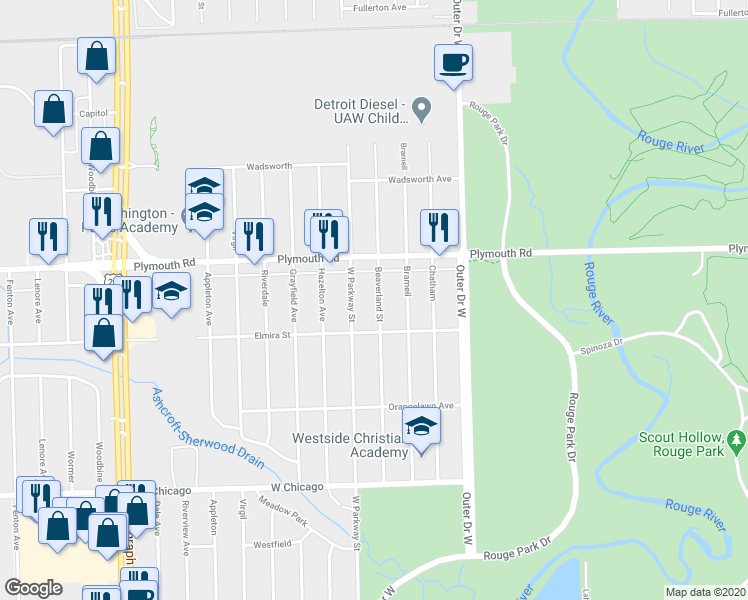 map of restaurants, bars, coffee shops, grocery stores, and more near 11369 Beaverland in Detroit
