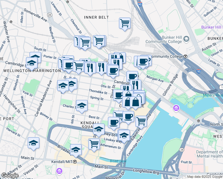 map of restaurants, bars, coffee shops, grocery stores, and more near 63 Otis Street in Cambridge