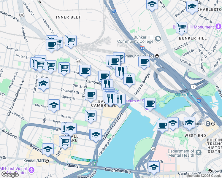 map of restaurants, bars, coffee shops, grocery stores, and more near First Street in Cambridge