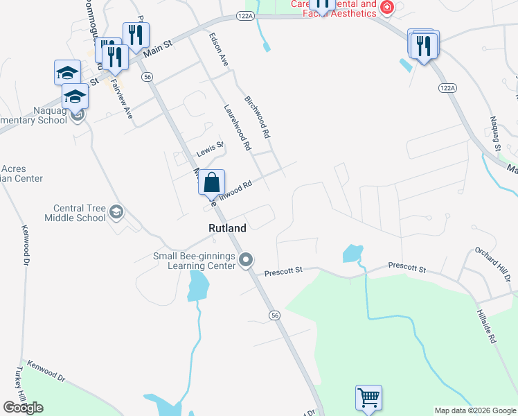map of restaurants, bars, coffee shops, grocery stores, and more near 13 Highland Park Road in Rutland
