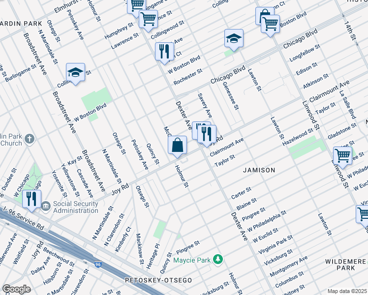 map of restaurants, bars, coffee shops, grocery stores, and more near 3759 Atkinson Street in Detroit