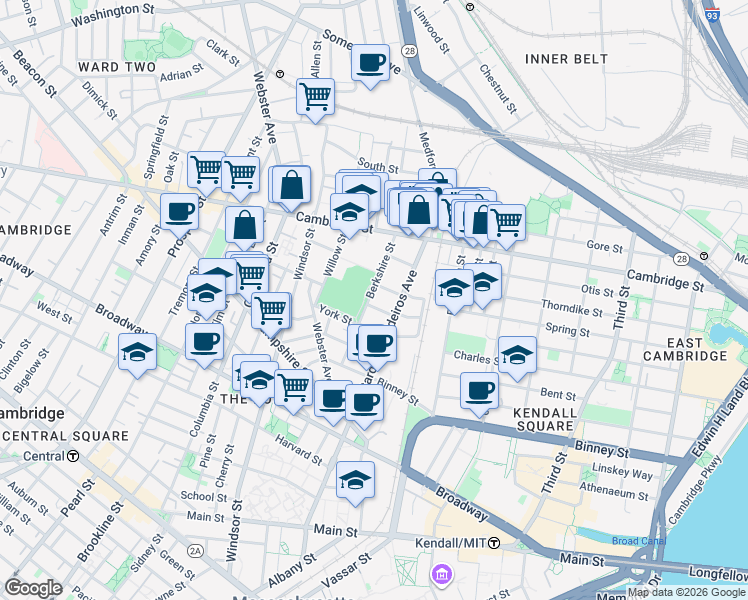 map of restaurants, bars, coffee shops, grocery stores, and more near 88 Berkshire Street in Cambridge