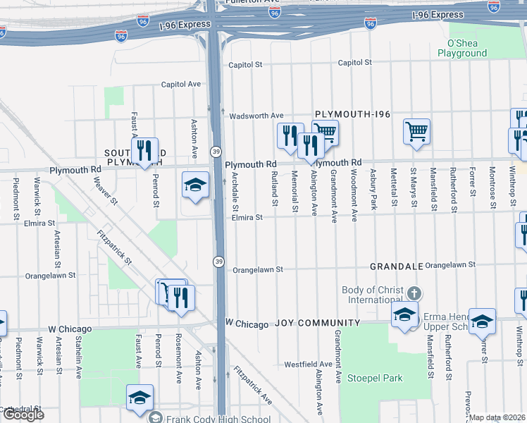 map of restaurants, bars, coffee shops, grocery stores, and more near 11340 Longacre Street in Detroit