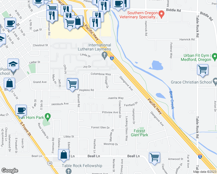 map of restaurants, bars, coffee shops, grocery stores, and more near 584 Village Drive in Central Point