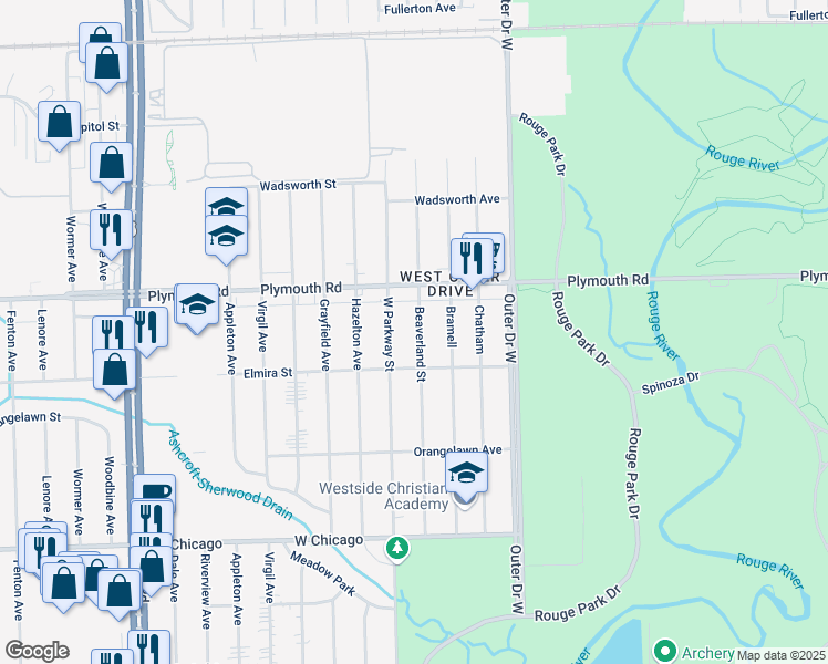 map of restaurants, bars, coffee shops, grocery stores, and more near 11369 Beaverland Street in Detroit