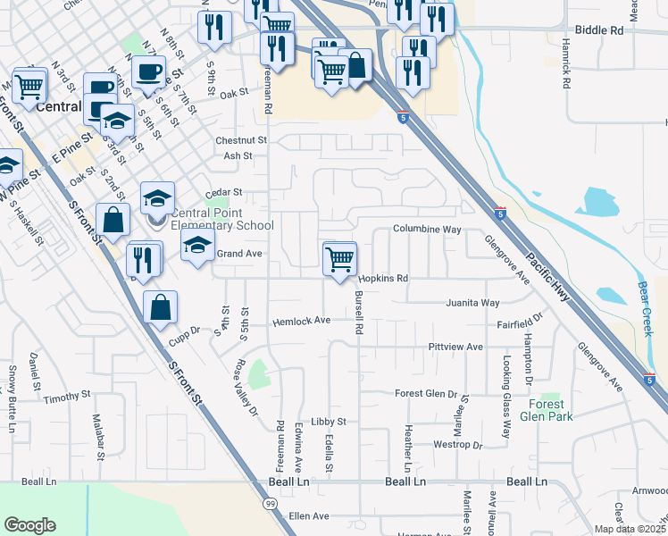 map of restaurants, bars, coffee shops, grocery stores, and more near 555 Freeman Road in Central Point