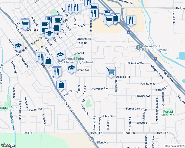 map of restaurants, bars, coffee shops, grocery stores, and more near 615 Valley Heart Lane in Central Point