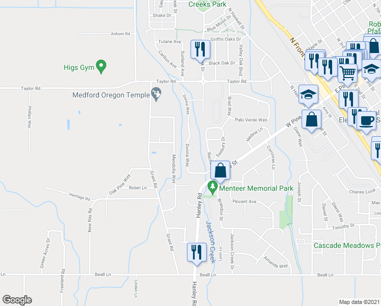 map of restaurants, bars, coffee shops, grocery stores, and more near 30 Attix Circle in Central Point