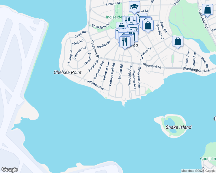 map of restaurants, bars, coffee shops, grocery stores, and more near 191 Cottage Park Road in Winthrop