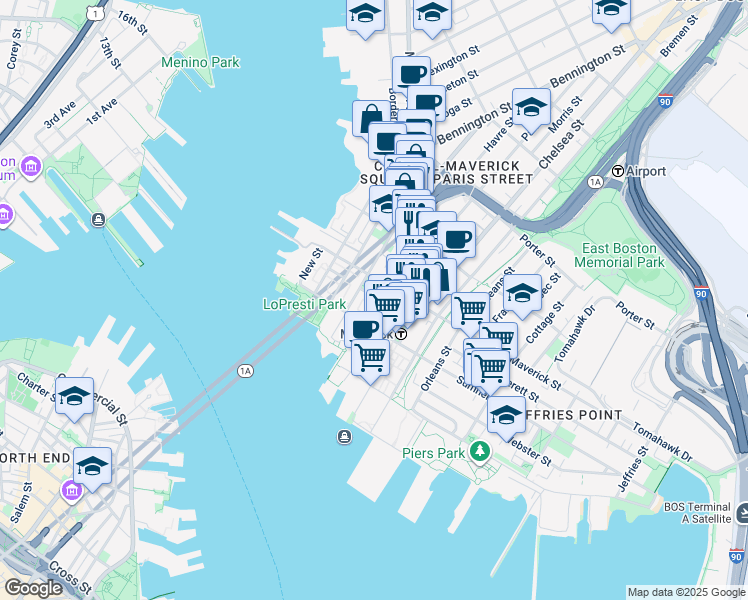 map of restaurants, bars, coffee shops, grocery stores, and more near 97 Maverick Street in Boston
