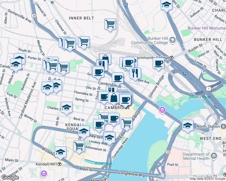 map of restaurants, bars, coffee shops, grocery stores, and more near in Cambridge