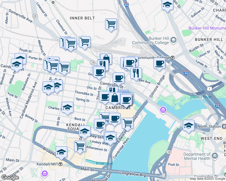 map of restaurants, bars, coffee shops, grocery stores, and more near in Cambridge