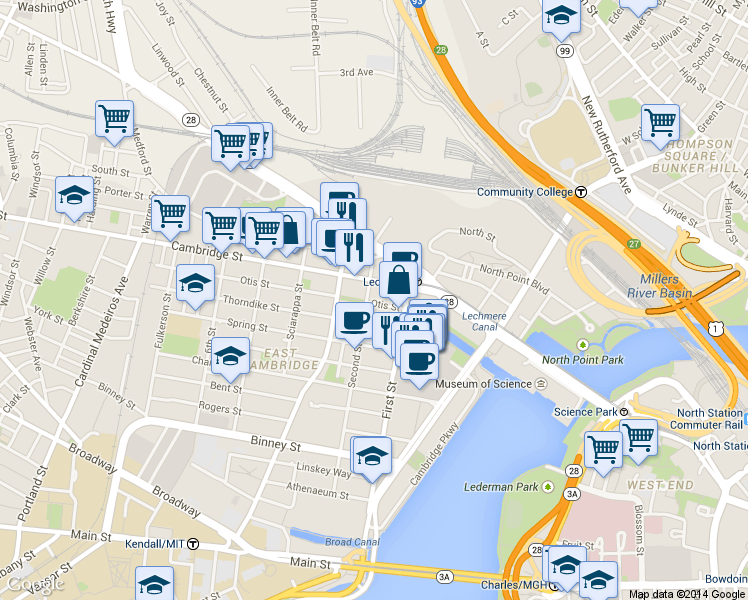map of restaurants, bars, coffee shops, grocery stores, and more near 208 Cambridge Street in Cambridge