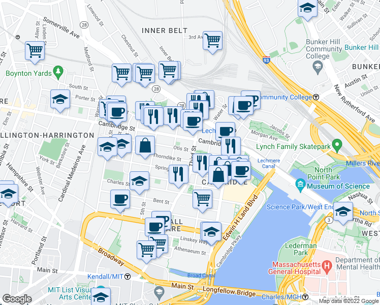 map of restaurants, bars, coffee shops, grocery stores, and more near 63 Otis Street in Cambridge