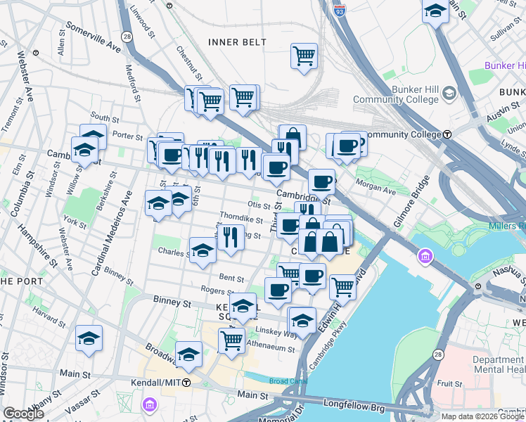 map of restaurants, bars, coffee shops, grocery stores, and more near 63 Otis Street in Cambridge