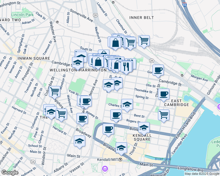 map of restaurants, bars, coffee shops, grocery stores, and more near 180 Thorndike Street in Cambridge