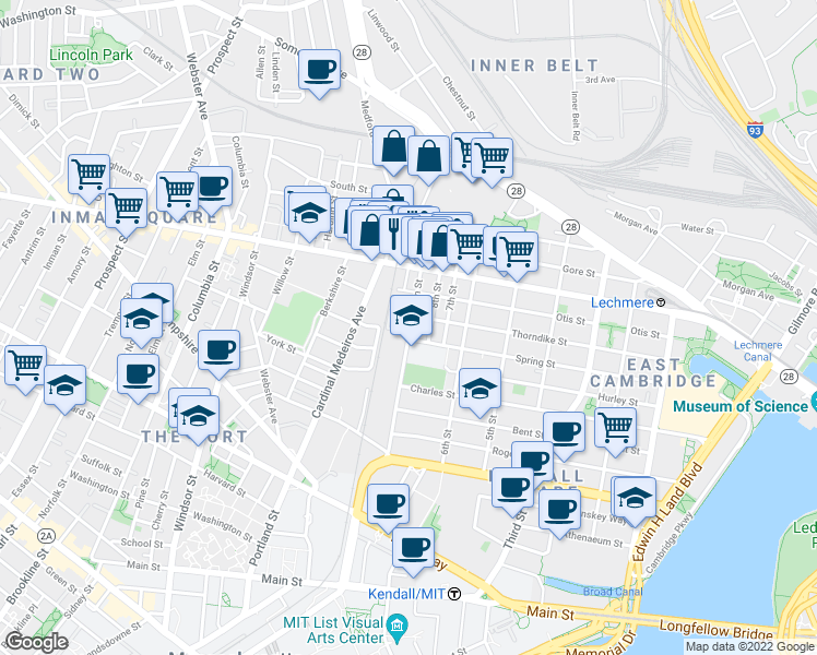 map of restaurants, bars, coffee shops, grocery stores, and more near 218 Thorndike Street in Cambridge