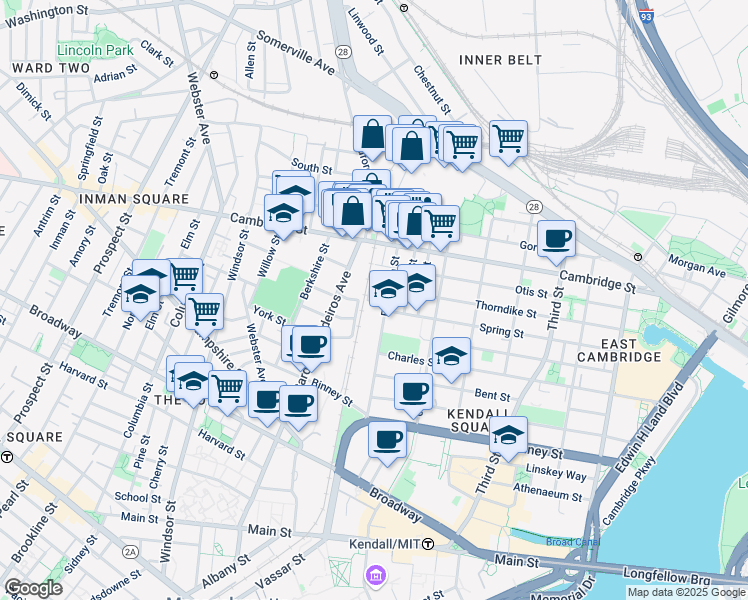 map of restaurants, bars, coffee shops, grocery stores, and more near 218 Thorndike Street in Cambridge