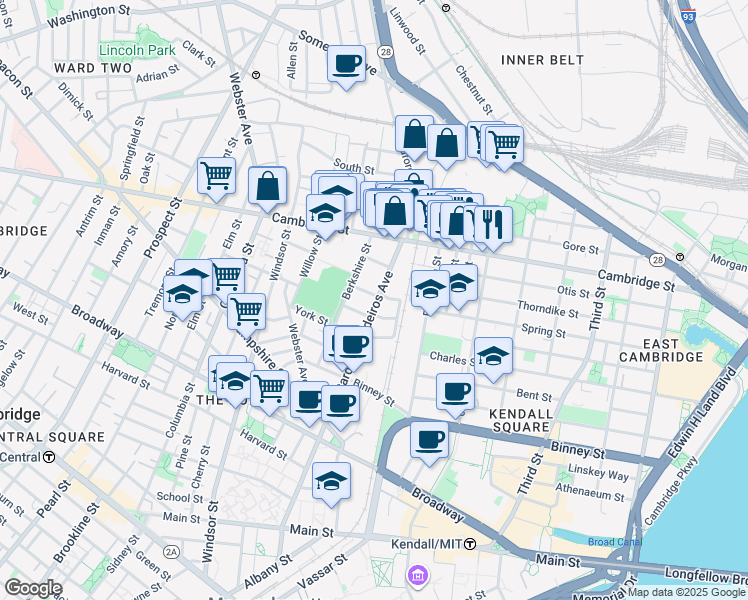 map of restaurants, bars, coffee shops, grocery stores, and more near 1 Marney Street in Cambridge