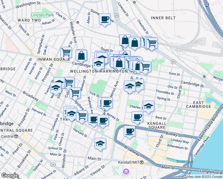 map of restaurants, bars, coffee shops, grocery stores, and more near 1 Marney Street in Cambridge