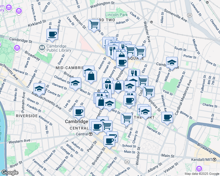 map of restaurants, bars, coffee shops, grocery stores, and more near 39 Amory Street in Cambridge