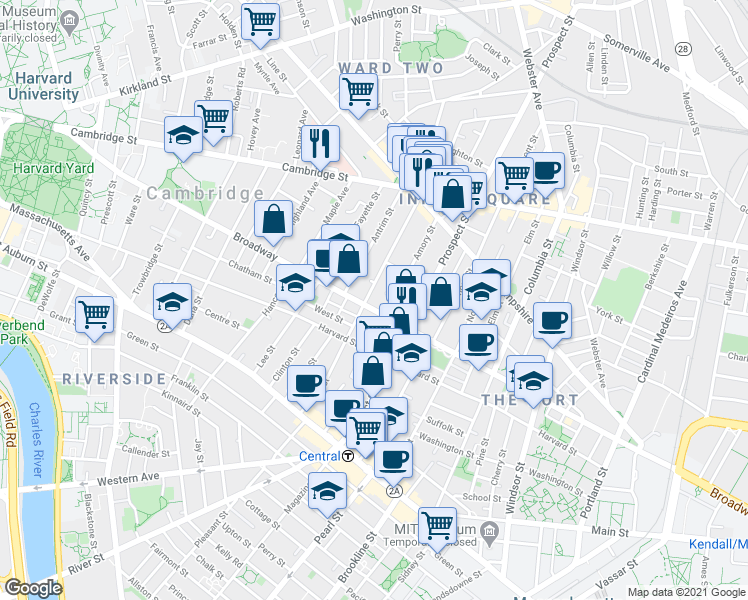 map of restaurants, bars, coffee shops, grocery stores, and more near 65 A Inman Street in Cambridge