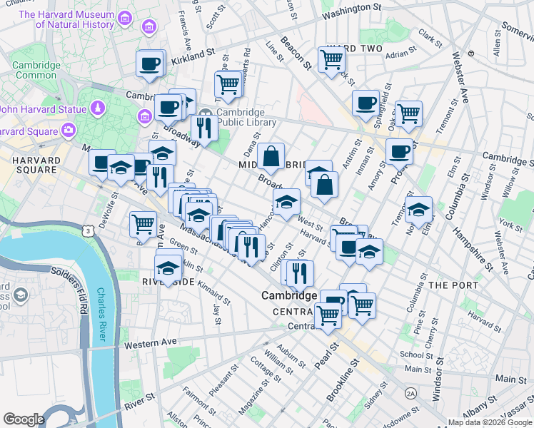 map of restaurants, bars, coffee shops, grocery stores, and more near 321 Harvard Street in Cambridge