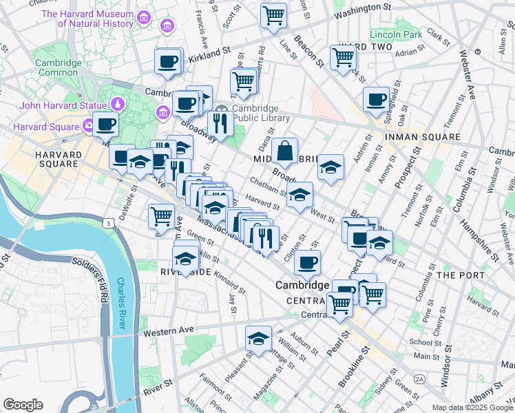 map of restaurants, bars, coffee shops, grocery stores, and more near 338 Harvard Street in Cambridge
