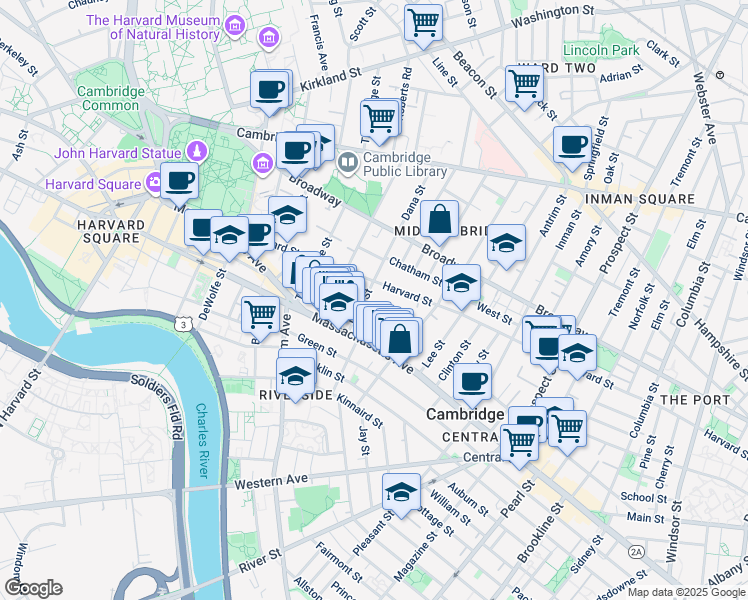 map of restaurants, bars, coffee shops, grocery stores, and more near 338 Harvard Street in Cambridge
